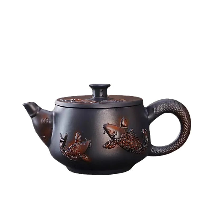 Purple Pottery Relief Teapot Hand-carved Dragon Pattern Beauty Kettle Traditional Ball Hole Filter Pot Chinese Zisha Tea Set