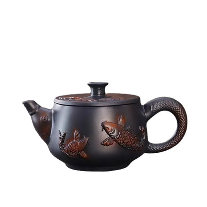 Purple Pottery Relief Teapot Hand-carved Dragon Pattern Beauty Kettle Traditional Ball Hole Filter Pot Chinese Zisha Tea Set