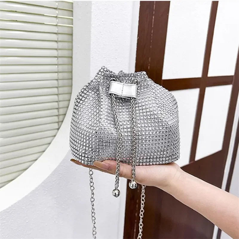 Sparkling Rhinestone Embellished Drawstring Crossbody Bag for Women Multi-Functional Bucket Purse with Detachable Chain Strap