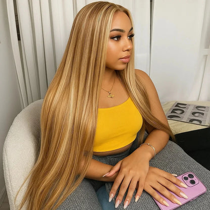4/27 straight 13x4 Lace Frontal Highlight Wig Human Hair Brazilian 200 Density 30 Inch Ombre Blonde Colored Human Hair Wigs