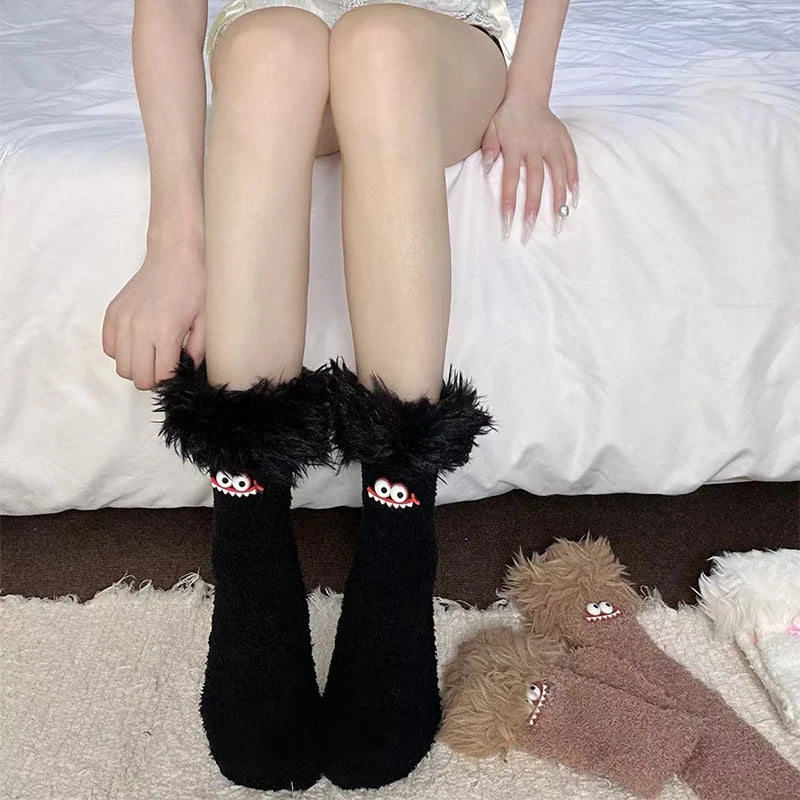Funny Big Mouth Monster Plush Socks Cute And Fun Plush Socks Thick Coral Velvet Cartoon Sleeping Socks Winter Women Socks Gifts