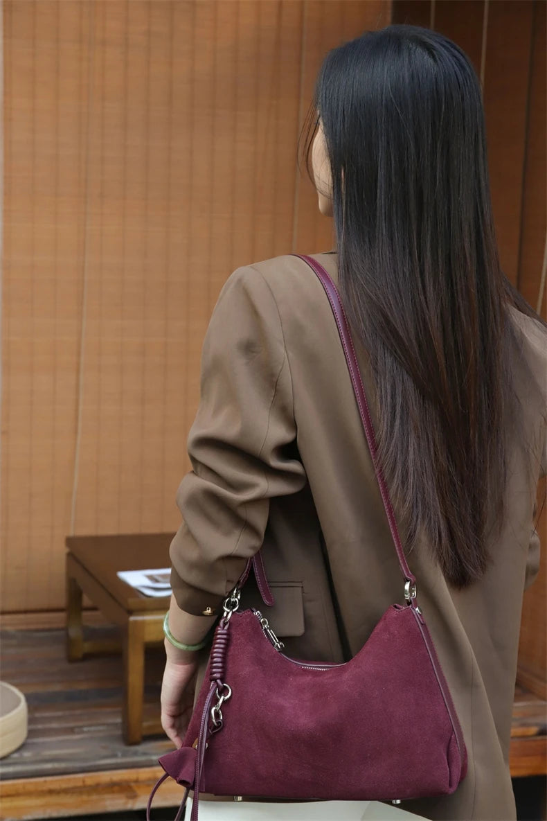 Hifashion Vintage Matte Suede Genuine Leather Underarm Shoulder Bags For Women 2025 Luxury Designer Hobo Tote Ladies Handbags