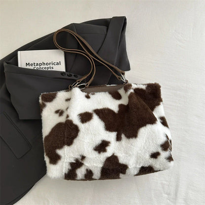 Large Capacity Shopper Bags For Women Winter Travel Tote Bag Cow Printing Plush Shoulder Bag Ladies Handbag Designer Bolsos