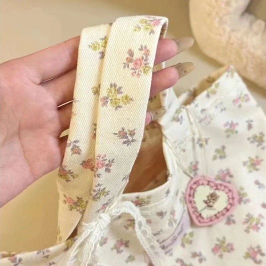 Large Capacity Printed Tote Bag Fashion Sweet with Lace Bow Storage Handbags Canvas Handbag