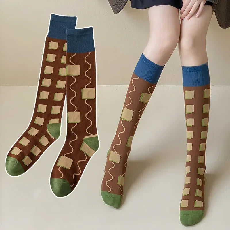 Socks Women's High Tube Calf Knee-length Socks Retro Illustration Art Abstract Street Autumn and Winter Cotton Socks High Sock