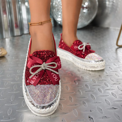 Women Sneakers 2025 New Luxury Crystals Bowknot Loafers Sequined Flat Platform Shoes Couple Fashion Plus Size Sneakers Women