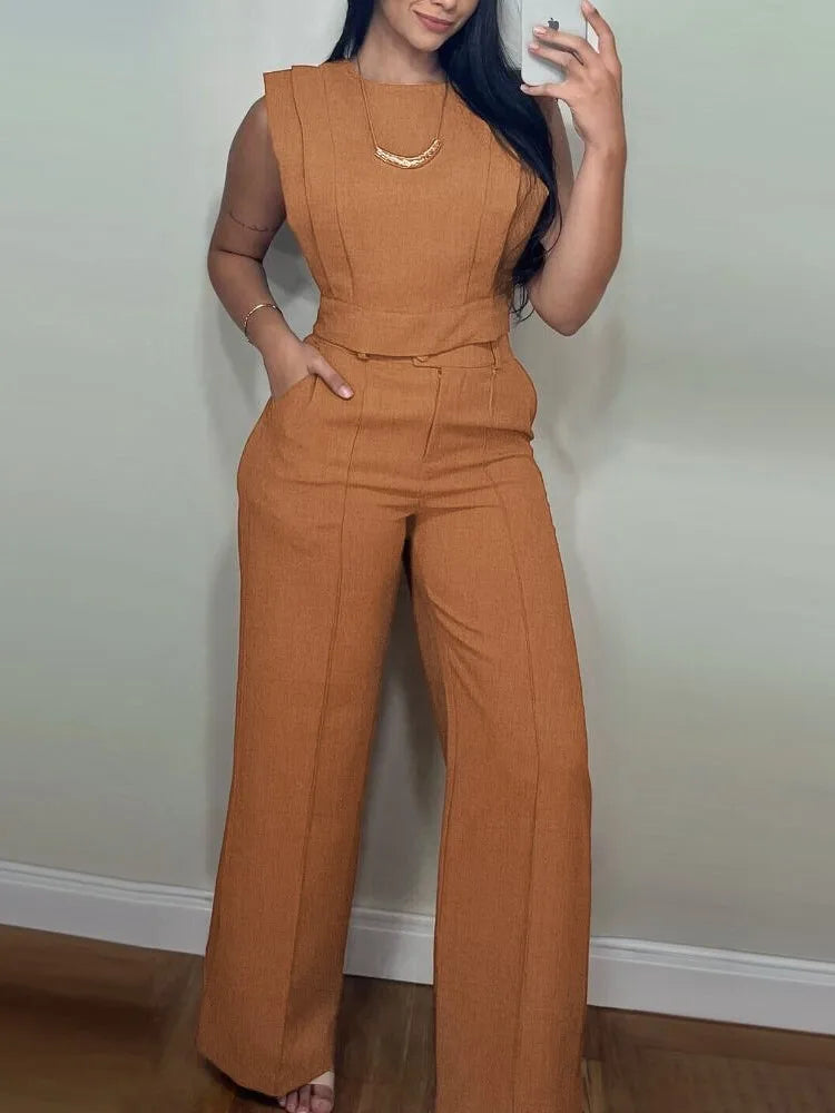 2026 Casual Solid Color Commuting Suit Spring And Summer New Fashion Sleeveless Loose Top With Straight Trousers Two-piece Set