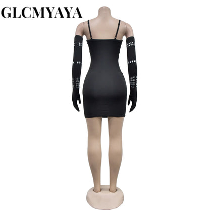 GLCMYAYA Women Diamonds Hot Rhinestones Crystal Spaghetti Strap Birthday Bodycon Midi Dress Sexy Party Even Dresses Vestidos