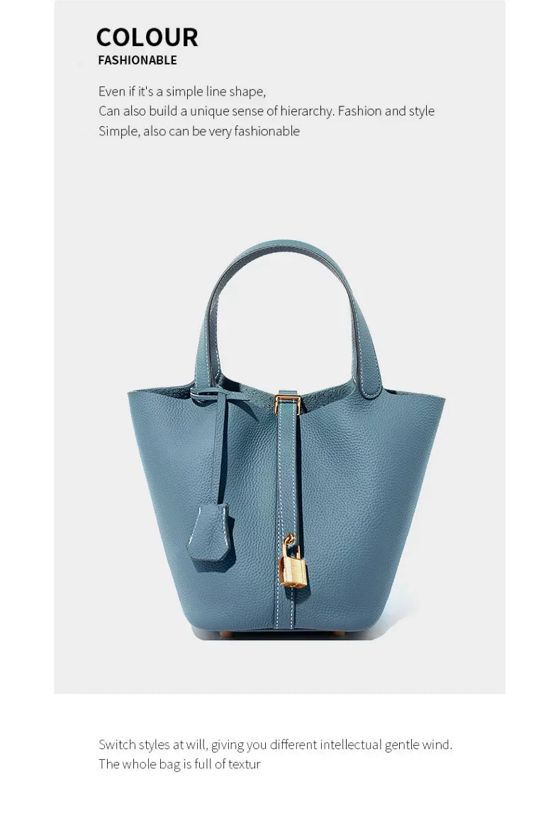 Genuine Leather Shoulder Bucket Bag Women Litchi Pattern Mini Basket Tote Soft Handbag Mommy Bride Wedding Bags with Lock