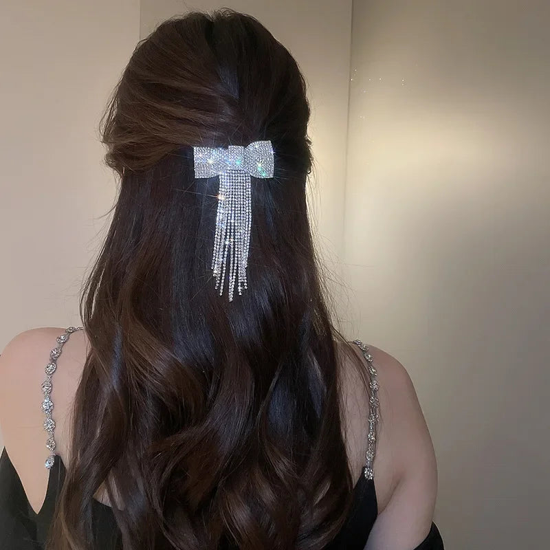 Rhinestone Bow Fringe Hairpin for Women Fashion Temperament Hair Clip Korean Light Luxury Hair Accessories Gold Silver Color