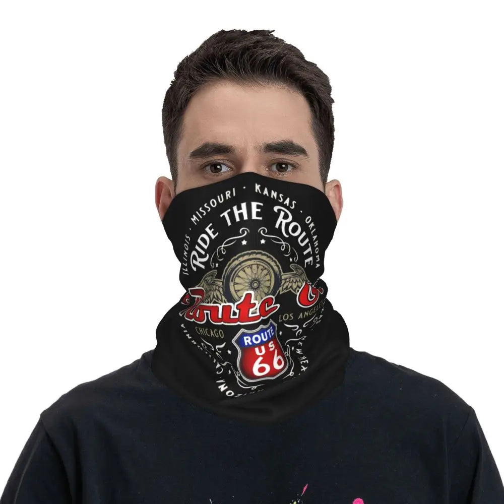 Custom Travel Motorcycle Ride Route 66 Bandana Winter Neck Warmer Windproof Wrap Face Scarf for Hiking Highways Gaiter Headband