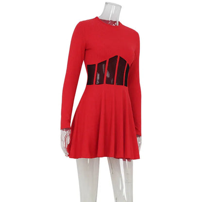 Ahagaga Fashion Solid Women's Mini Dresses A-Line Knitted Sheer Slim Fit Long Sleeves Bodycon O-Neck Party Streetwear Vestidos