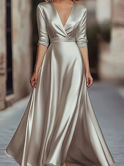 Spring/Autumn Collection: French-inspired Elegance Luxury-feel V-neck Long-sleeved Fitted Waist Dress Evening Gown for Banquets