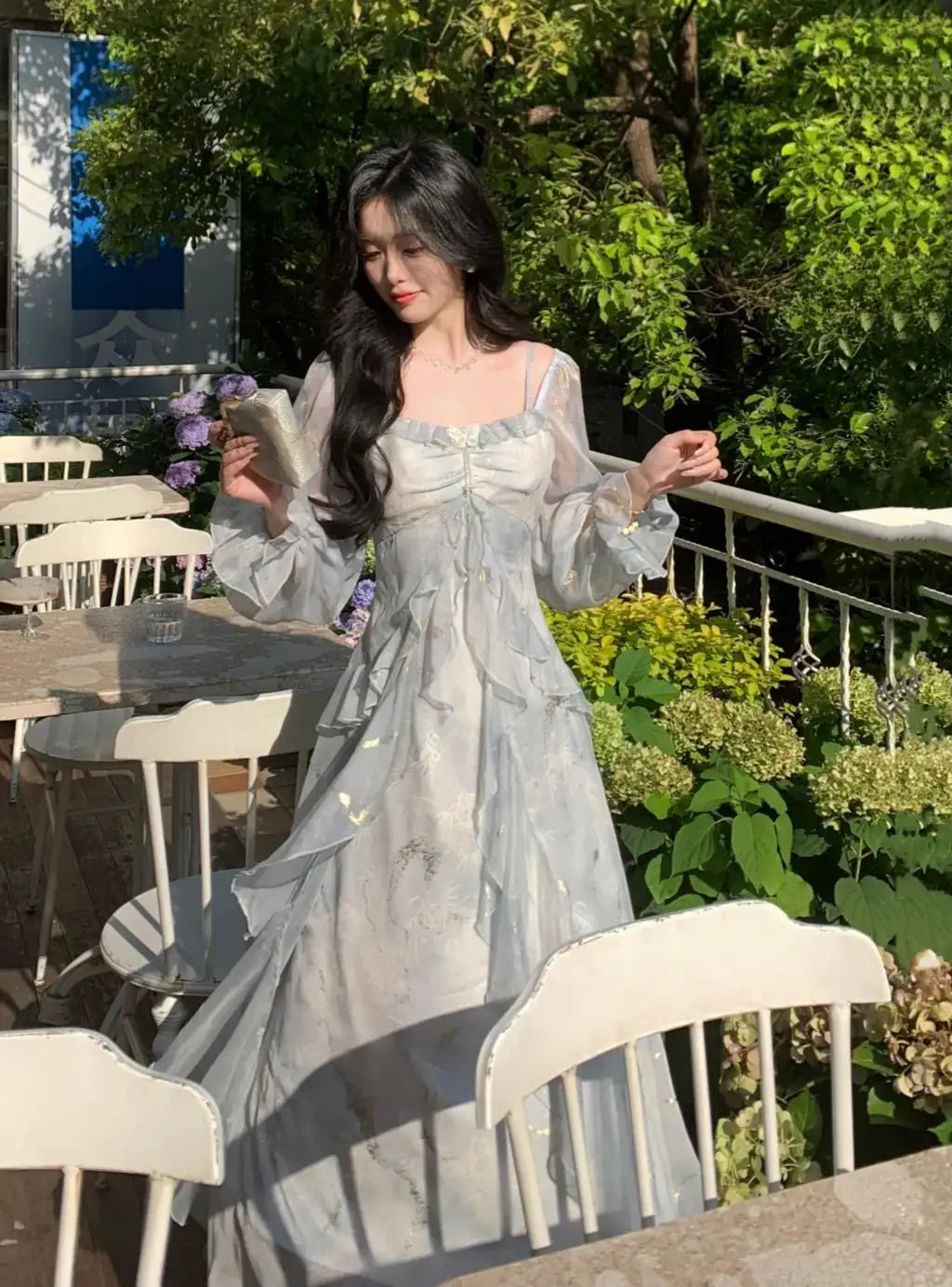 Elegant Print Fairy Long Dresses for Women Autumn French Off Shoulder Ruffles A-Line Birthday Party Dress One Piece Vestidos New
