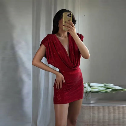 Chic Sequin V-neck Dress Women Sexy Sleeveless Pleated Waist-cinched Empire Dresses Elegant Party Spring New Lady Gown 2026
