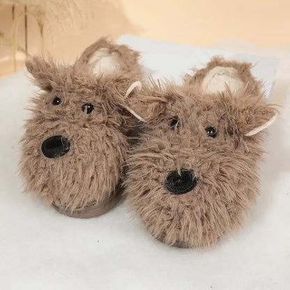 Cartoon Puppy Fluffy Fur Indoor Slippers Women 2025 Winter Thick Bottom Furry Mules Slippers Warm Plush Home Slides for Womon