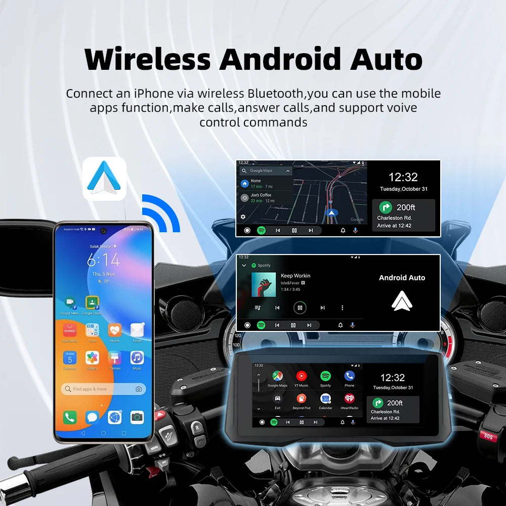 EKIY 7 inch Wireless CarPlay Moto Android Auto Portable Digital Motorcycle Dashboard GPS Navigation Display Screen Monitor TPMS