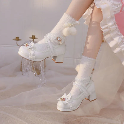 Cross Strap Women High Heels Mary Jane Pumps Party Wedding Cosplay White Pink Black Strawberry Bow Princess Cosplay Lolita Shoes
