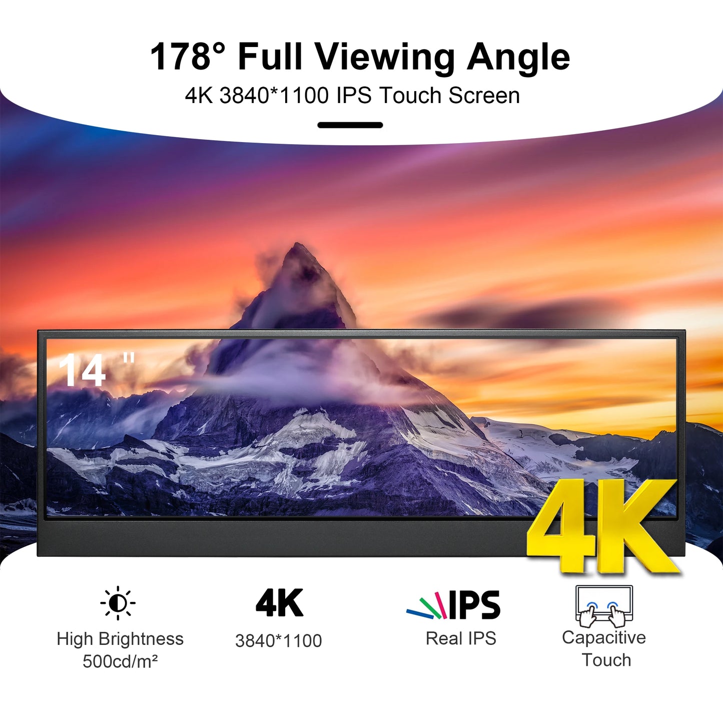 Wisecoco 14 Inch 4K 3840X1100 Aida64 IPS LCD Monitor Ultrawide PC Secondary Gaming Console For Raspberry Pi5 7.8''/8.8''/12.6''