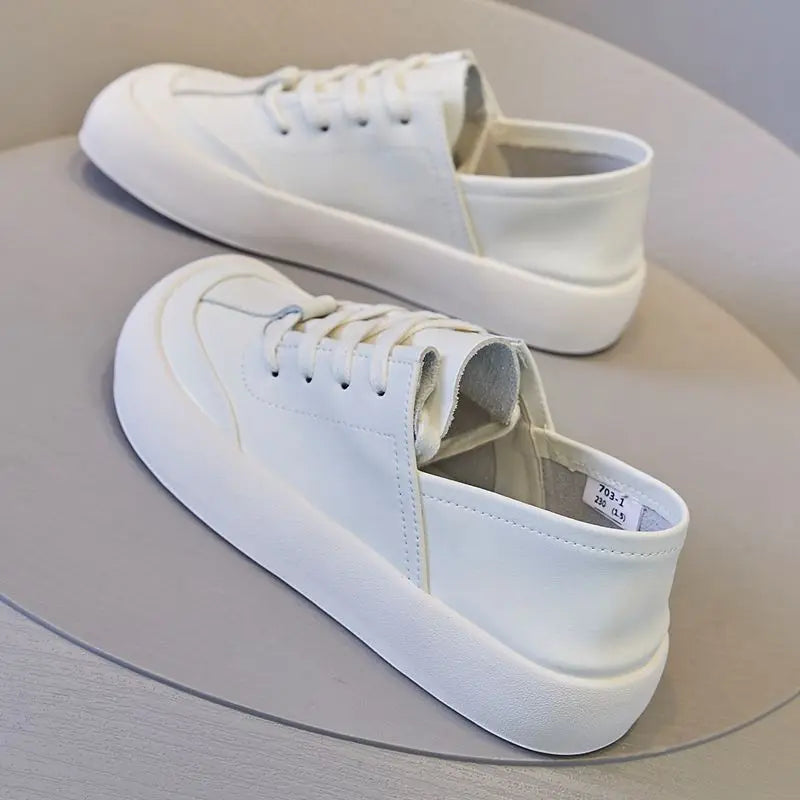 GKTINOO Genuine Leather Lace Up White Shoes For Women Flats Heel Sofe Soles Sneakers Shoes Luxury Leisure Fashion Big Head Shoes