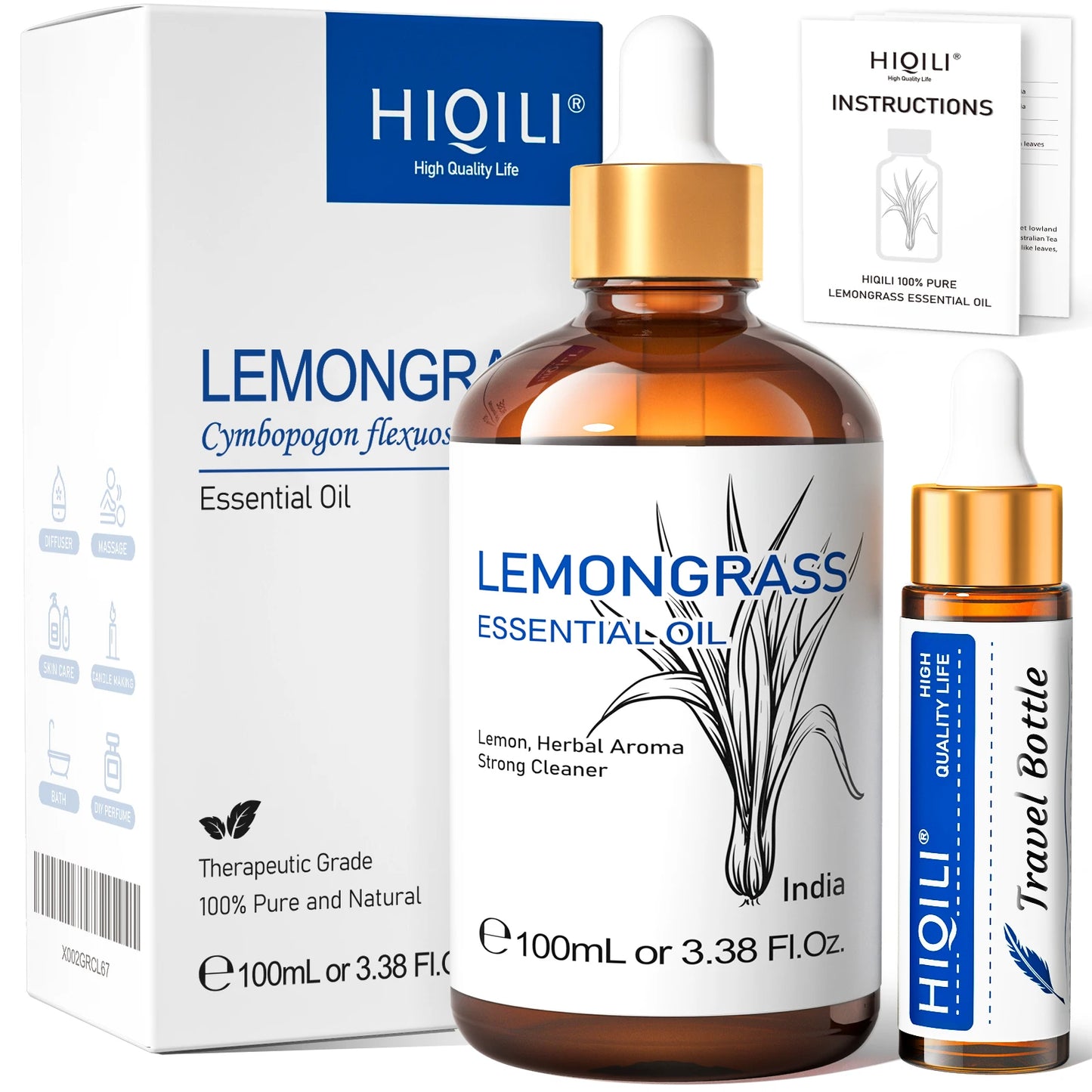 HIQILI Essential Oil Rose Geranium Lavanda Citronela Tea Tree vanille Body Oil Face Skin Care Massage 100ML/3.38fl.oz