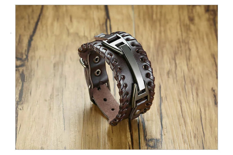 Vnox Wide Leather Wristband for Men Stylish Genuine Leather Bangle with Metal Charm Bracelets Punk Male Pulseira