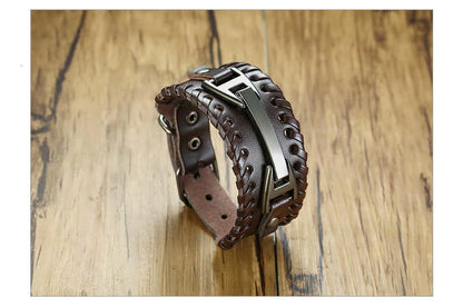 Vnox Wide Leather Wristband for Men Stylish Genuine Leather Bangle with Metal Charm Bracelets Punk Male Pulseira