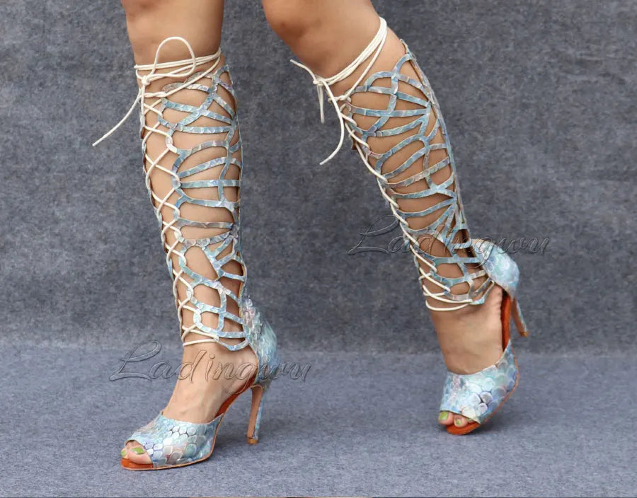 Ladingwu High-end Custom Material Fish Scale Texture Women Dance Shoes Sexy Pole Dance Boots Ladies Wedding Ballroom Shoes