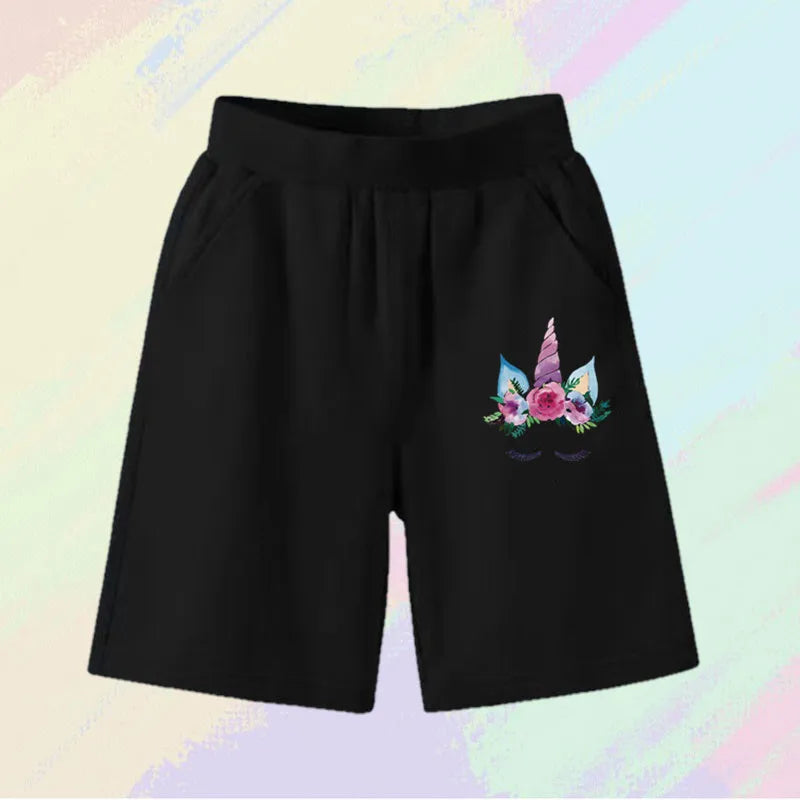 2025 Girls Summer Cat Ear Print Shorts Kids Elastic Waist Beach Short with Pocket Sports Short Pants Kids Cute Clothes 3-14y