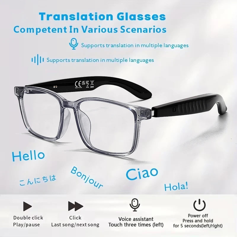 AI Translation Smart Wireless Glasses feature open-back earbuds, a premium feel, and support real-time translation of ov