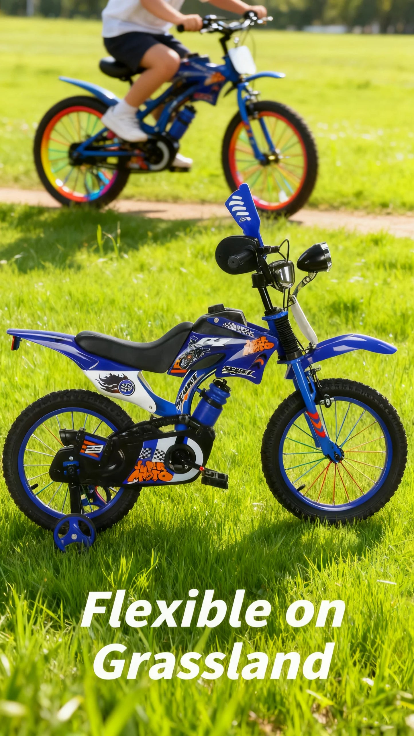 Blue Children's Off-Road Motorcycle Bicycle Pedal Bike with Headlamp Boys And Girls 12-16 Inch Cro