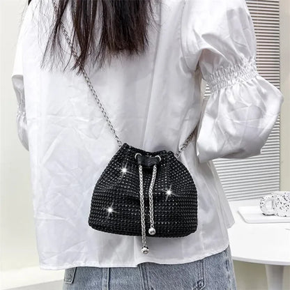 Sparkling Rhinestone Embellished Drawstring Crossbody Bag for Women Multi-Functional Bucket Purse with Detachable Chain Strap