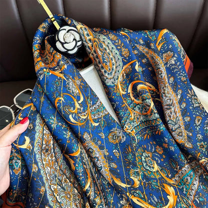 New 90cm Square Scarf Retro Cashew Floral Print Silk Scarfs Women Foulard Headscarf Summer Shawl Hijab Bandana Neck Head Scarf