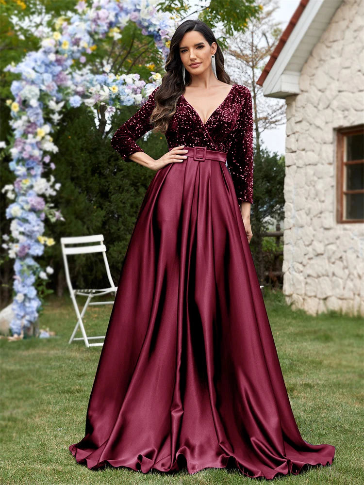 Lucyinlove Luxury Long Sleeve V-Neck Satin Formal Evening Dresses 2025 Elegant Wedding Party Sequins Women Prom Cocktail Gowns