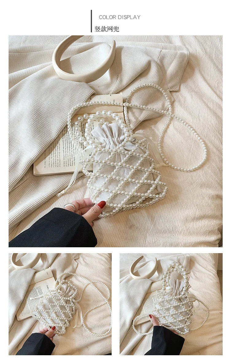 Women Pearl Bag Small Mini Tote Bucket Bag Woven Crossbody Hand Bags for Women Coin Purse Wallet Handbag Ladies Shoulder Bags