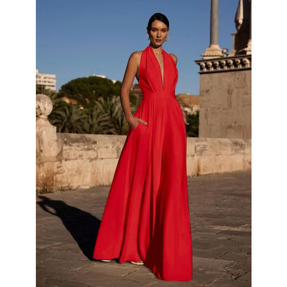 Elegant Women Corset Party Jumpsuit Y2K Sexy Halter Backless Loose Wide Leg Trousers Palazzo Pants Romper Celebrity One Pieces