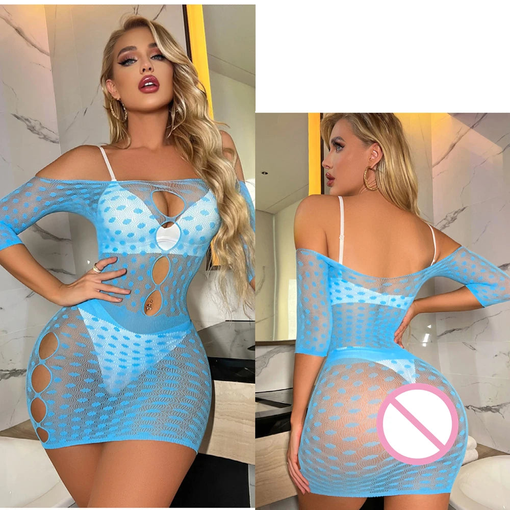 Sexy Women Fishnet Bodycon Mini Dress Mesh Hollow Out See Through Lingerie Erotic Perspective Temptation Nightdress Costume