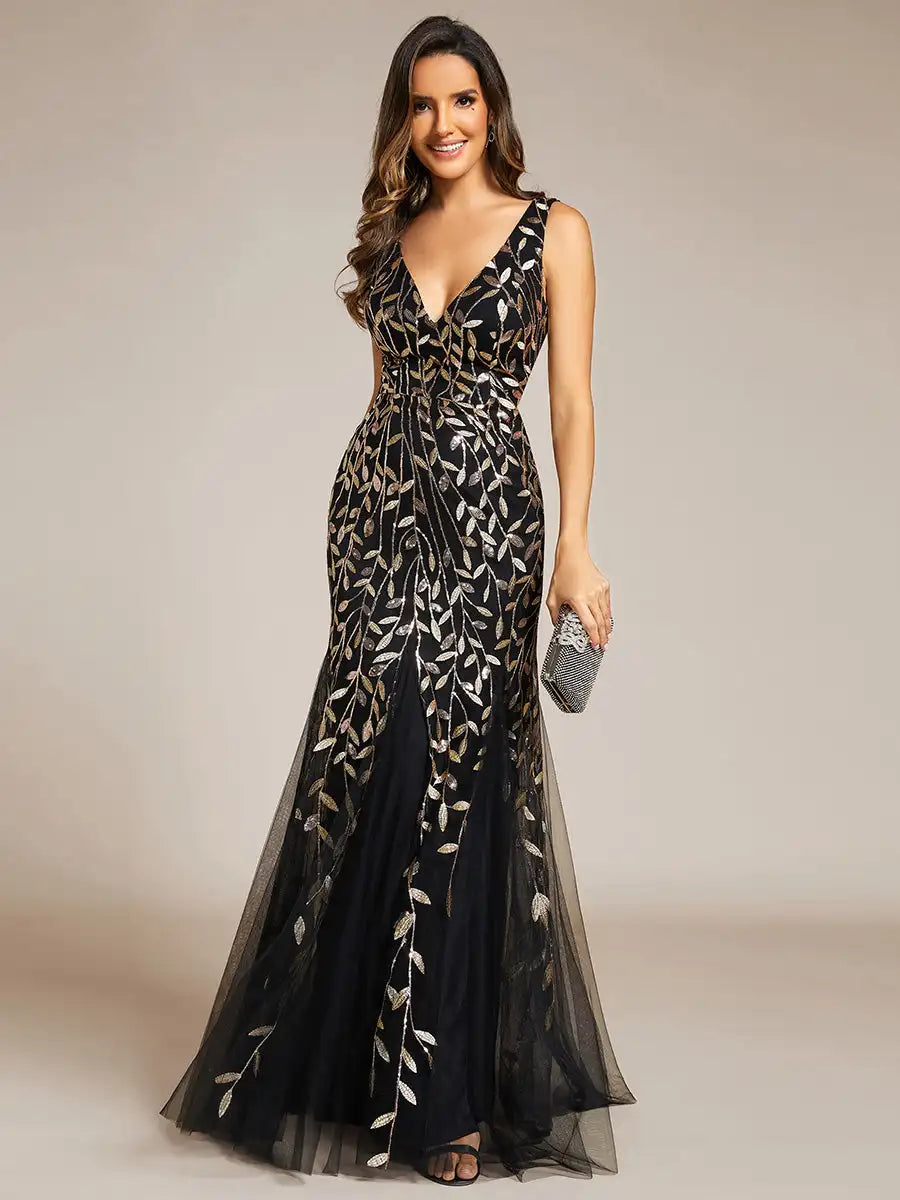 BAZIIINGAAA Party Dress Sexy Double V-Neck Sequin Mermaid Maxi Dresses For Evening Evening Dress