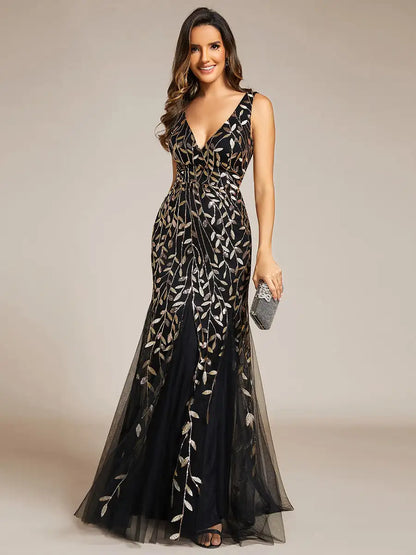 BAZIIINGAAA Party Dress Sexy Double V-Neck Sequin Mermaid Maxi Dresses For Evening Evening Dress