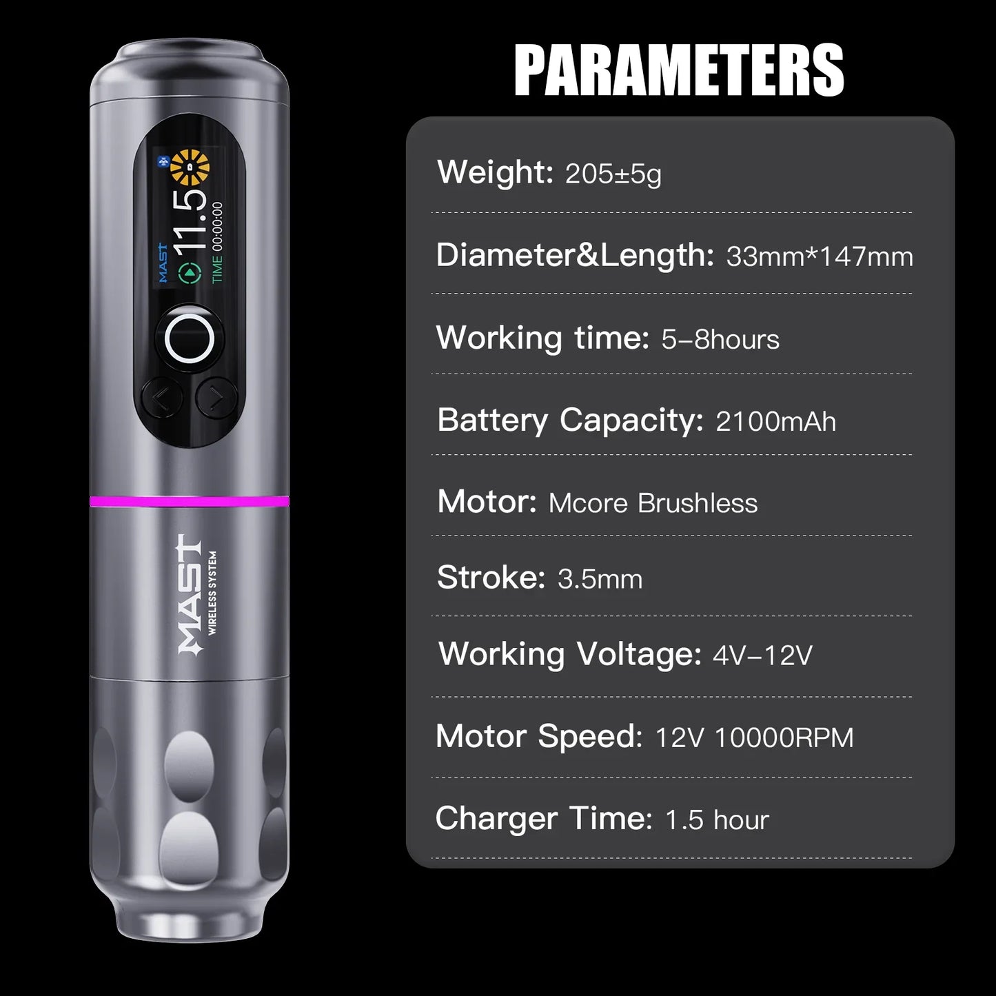 Mast Archer2 Wireless Tattoo Machine Kit 3.5mm Stroke 2100mAh Battery Brushless Motor with Mast Pro Needles Cartridges Supplies