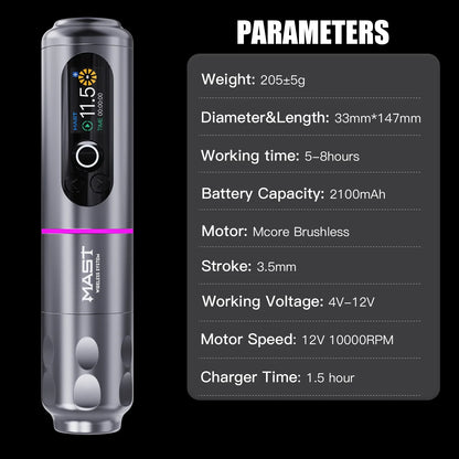 Mast Archer2 Wireless Tattoo Machine Kit 3.5mm Stroke 2100mAh Battery Brushless Motor with Mast Pro Needles Cartridges Supplies