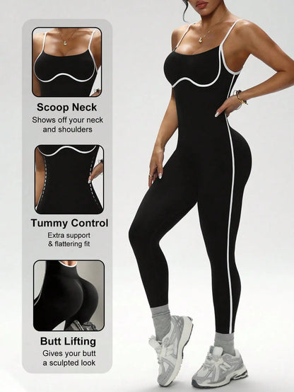 Color blocking camisole jumpsuit, shock-absorbing yoga suit, hollowed out waist, sexy jumpsuit, quick drying sports jumpsuit, ti