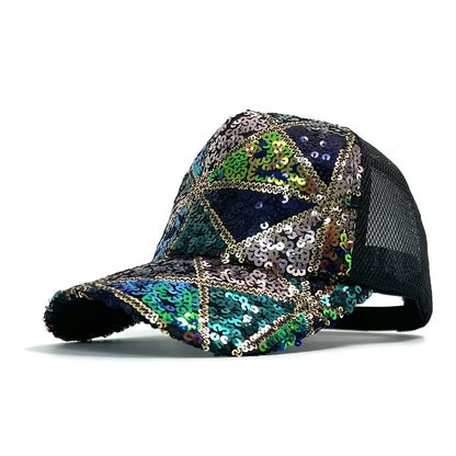 Summer Shiny Sequin Back Mesh Adjustable Cotton Baseball Cap Sun Hat