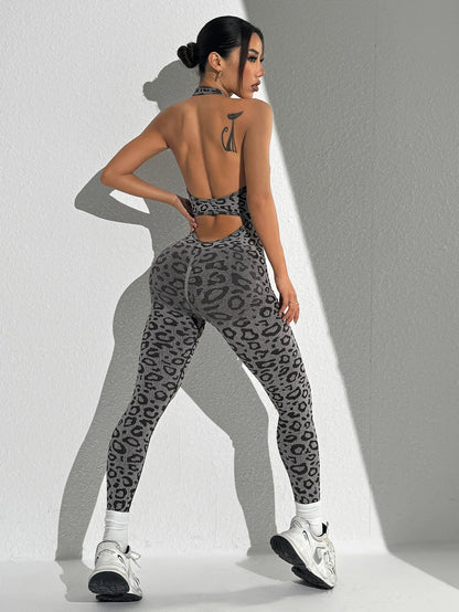 Seamless Leopard Print Jumpsuit Women's Tight Fitting Hanging Neck Jumpsuit Hip Lifting and Sexy Shaping Fitness Yoga Outfit