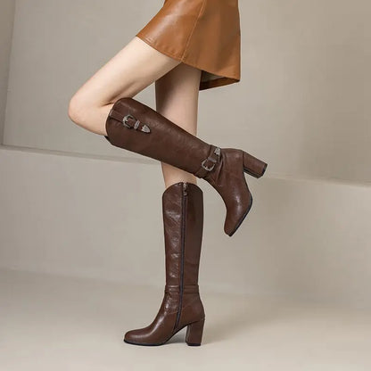 Girseaby British Style Women Knee High Boots Round Toe Block Heel 7.5cm Zipper Plus Size 51 52 Fashion Riding Bota