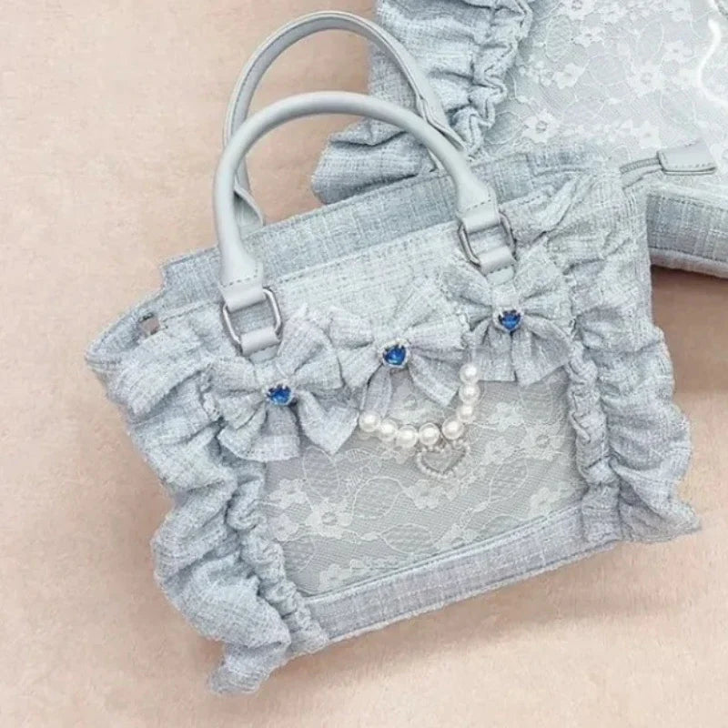Sweet Y2k Aesthetic Transparent Bow Ita Bag Casual Chic Ruffle Fashion Women's Handbags All Match Kawaii Shoulder Crossbody Bags