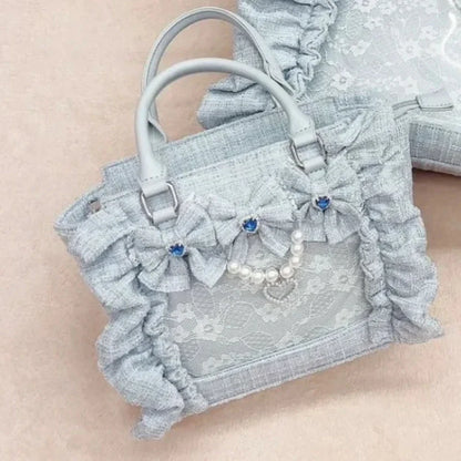 Sweet Y2k Aesthetic Transparent Bow Ita Bag Casual Chic Ruffle Fashion Women's Handbags All Match Kawaii Shoulder Crossbody Bags