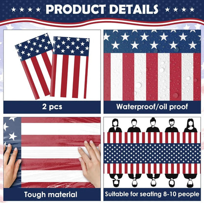 Patriotic American Flag Plastic Tablecloth for 4th of July, 250th Anniversary, Memorial Day, 54"x108", 2 Pack