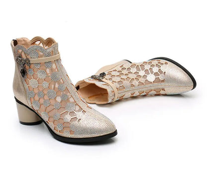 2026 Spring Summer Fashion Rhinestones Gauze Sandals Thick Heels Mesh Autumn Ankle Boots Female Hollow Women's Shoes