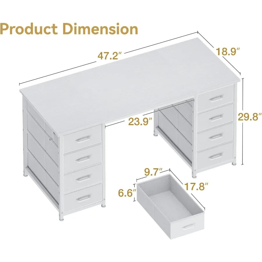 48 Inch White Computer Desk with 8 Fabric Drawers for Modern Home Office Study and Gaming Setup Featuring Large Storage Capacit